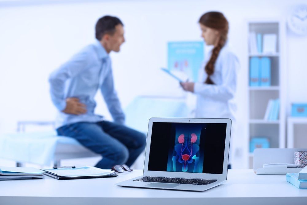 patient consults with doctor behind laptop cmoputer displaying kidneys and bladder